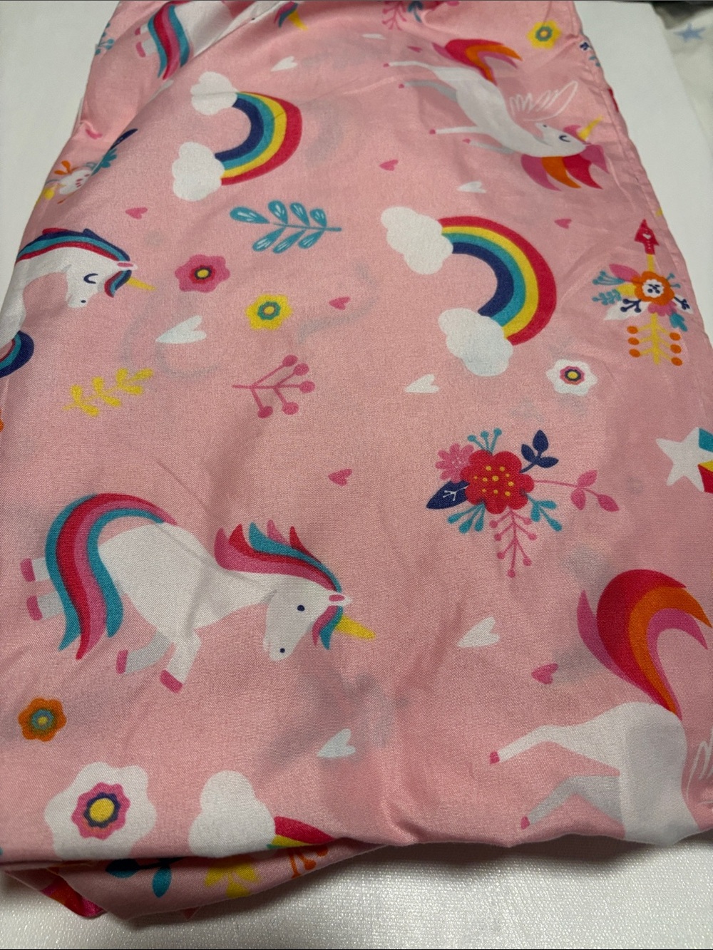 Joyfy Pink Unicorn & Rainbow Print twin fitted, flat and pillowcase